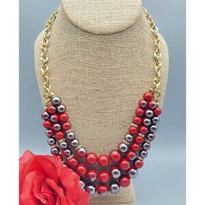 Gold Tone &amp;amp; Red Gray Bead Collar Necklace Multi Strand Chain Rhinestone